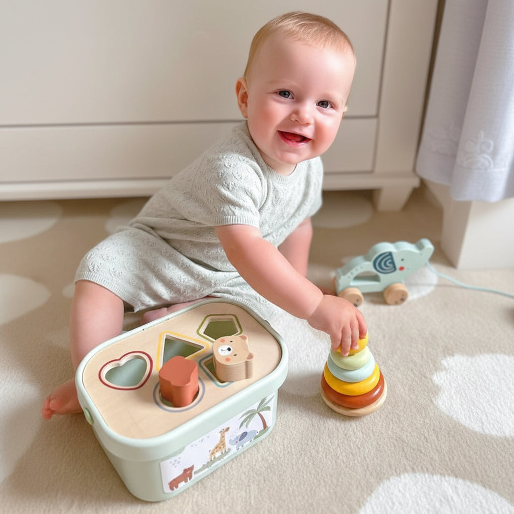 3in1 Toy Box - Sorting Blocks, Stackable Pyramid and Elephant On Wheels