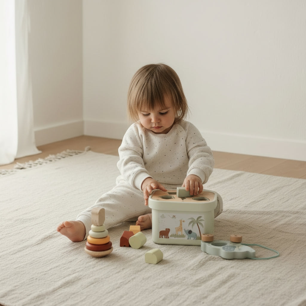3in1 Toy Box - Sorting Blocks, Stackable Pyramid and Elephant On Wheels