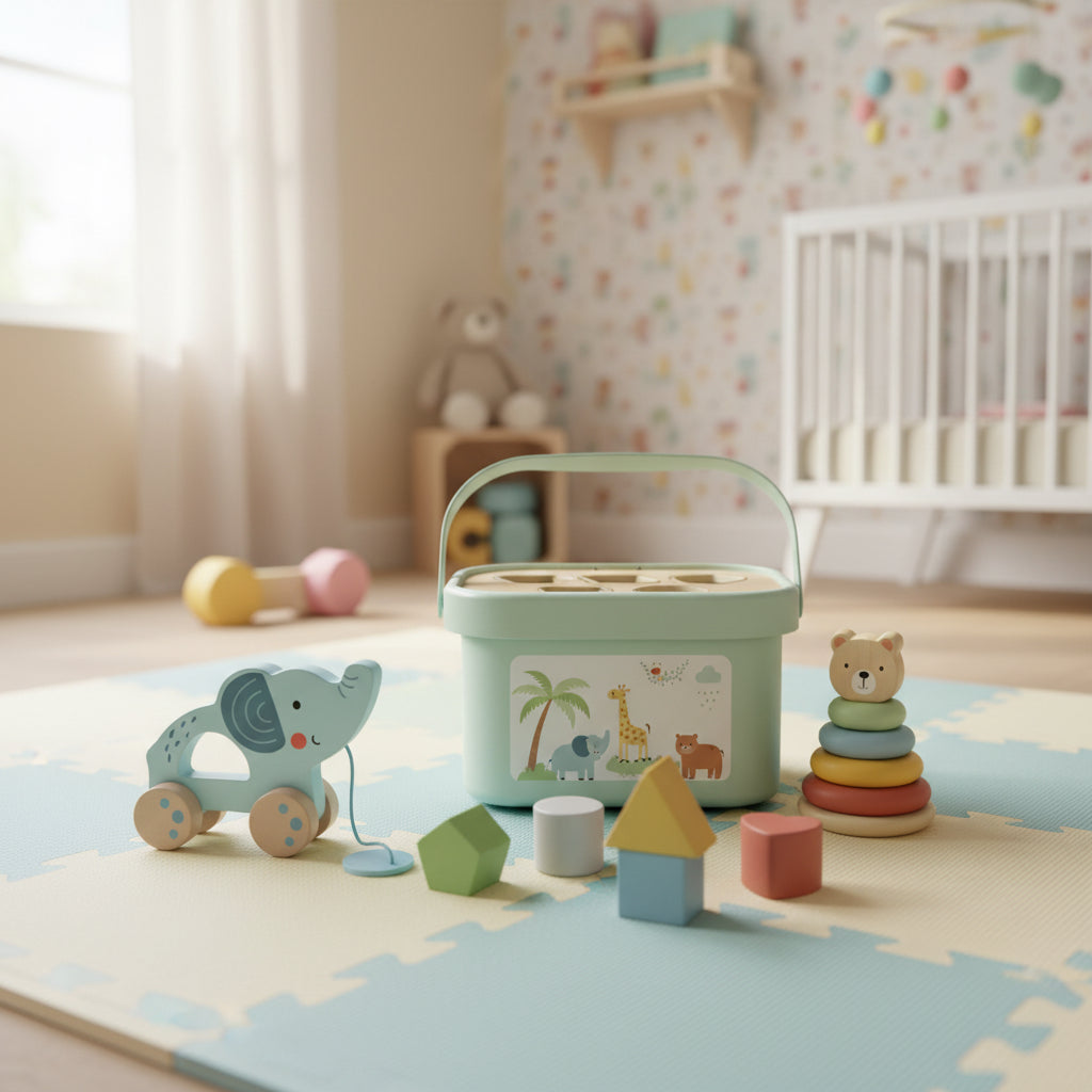 3in1 Toy Box - Sorting Blocks, Stackable Pyramid and Elephant On Wheels
