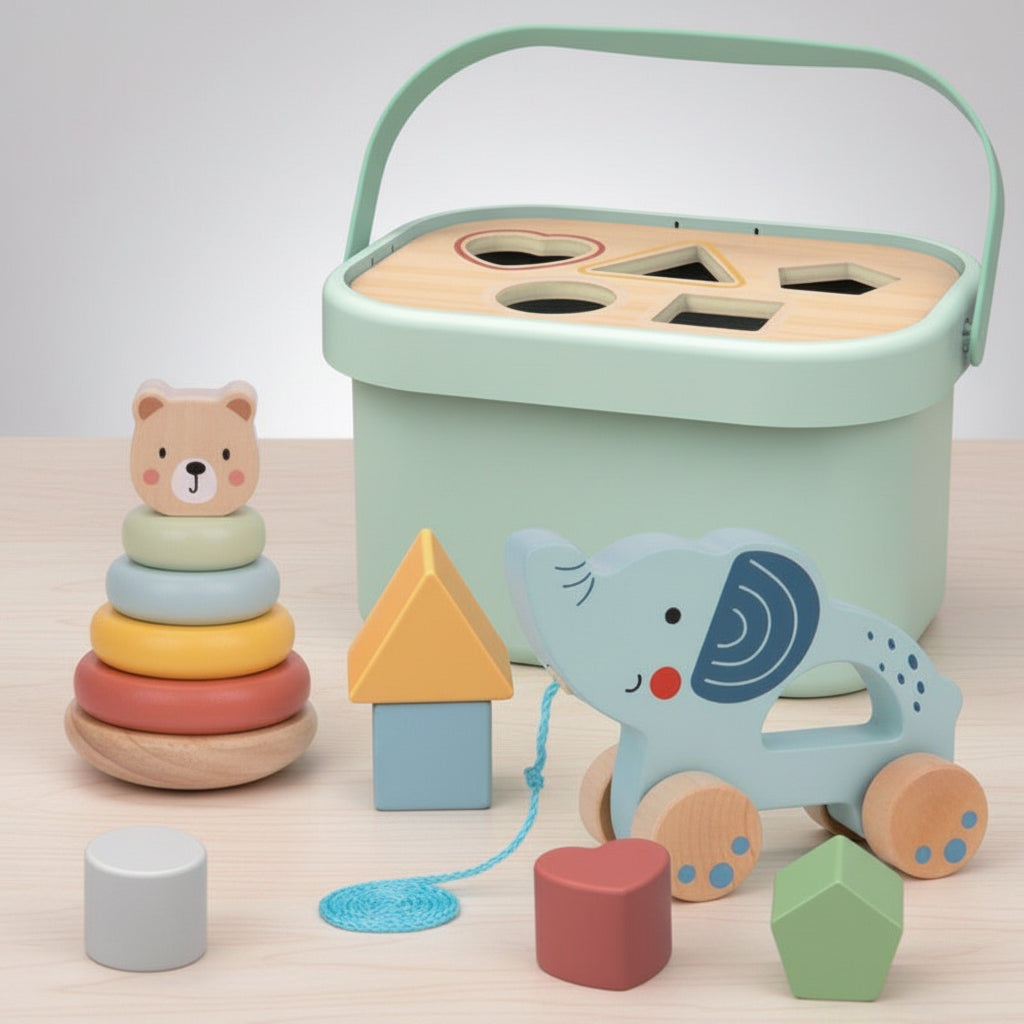 3in1 Toy Box - Sorting Blocks, Stackable Pyramid and Elephant On Wheels